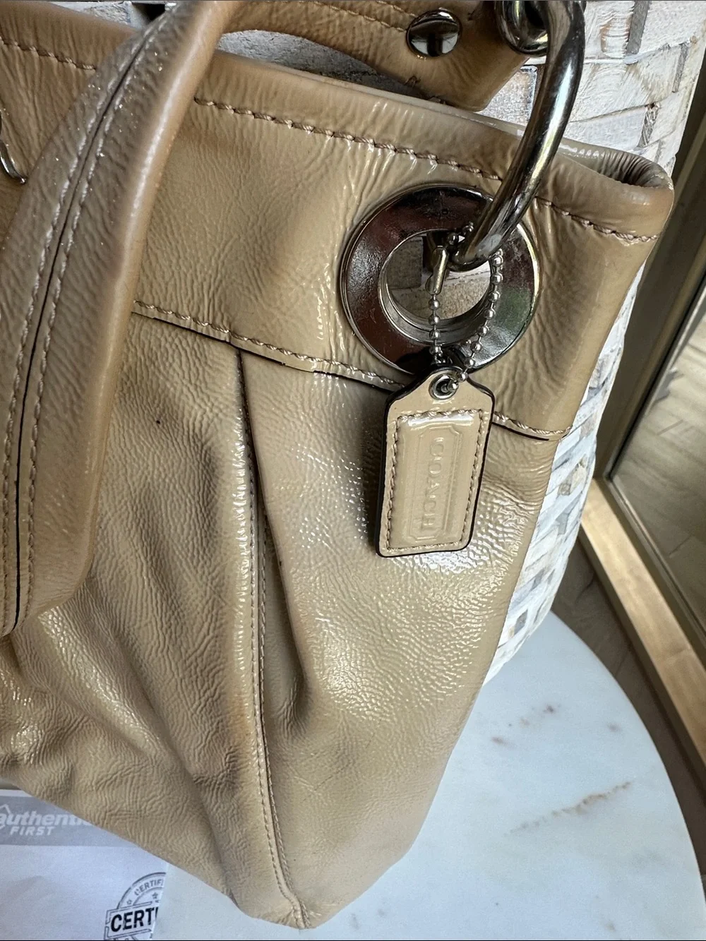 Coach Beige Patent Leather Ashley Shoulder Bag/Crossbody